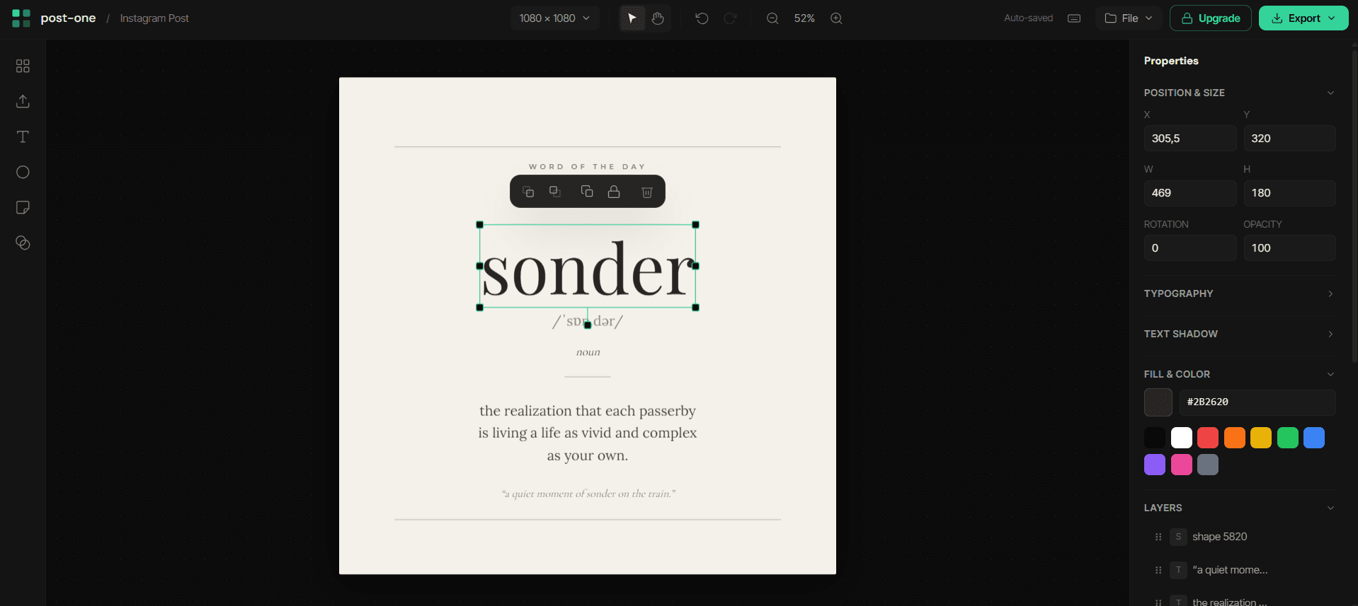 The Modo editor with an Instagram post open on the canvas